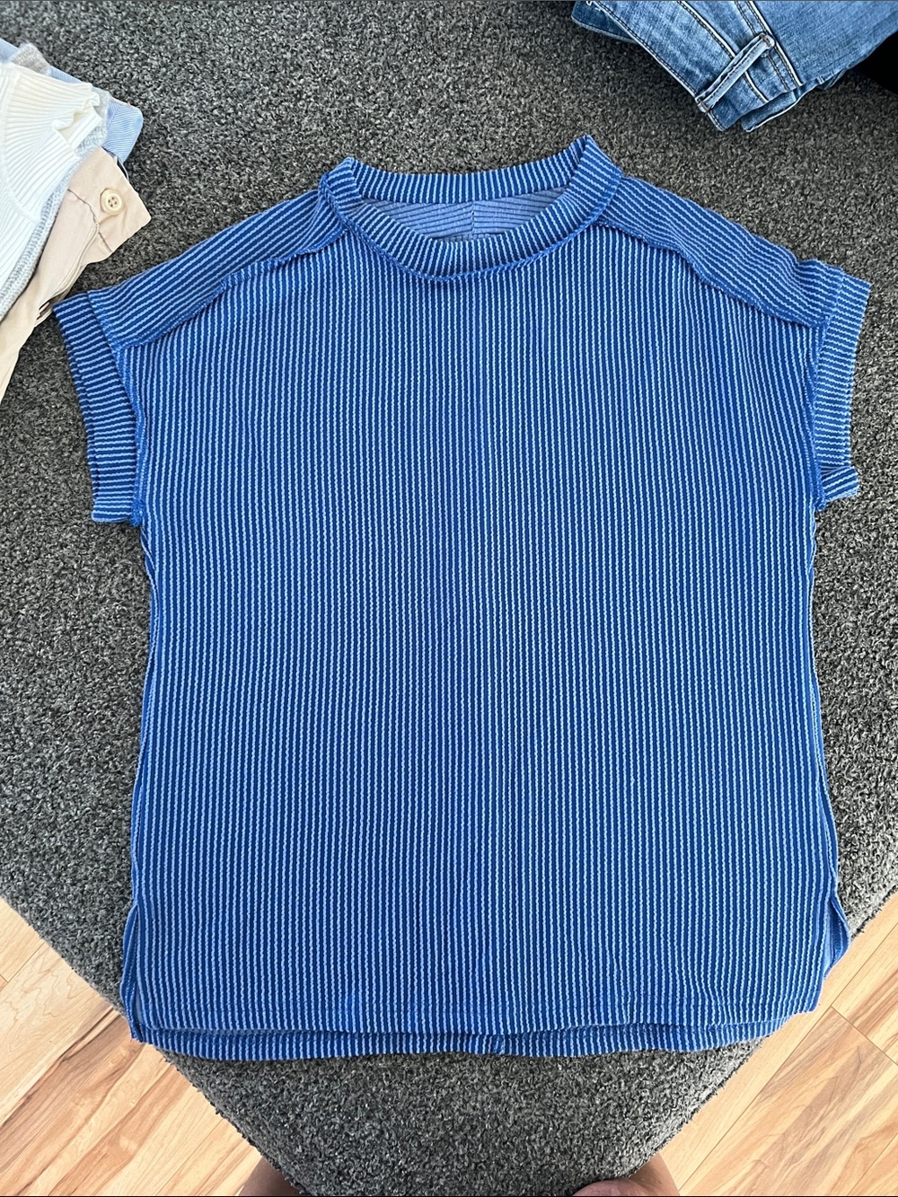 SHEIN Blue Ribbed Short-Sleeve Crewneck Top